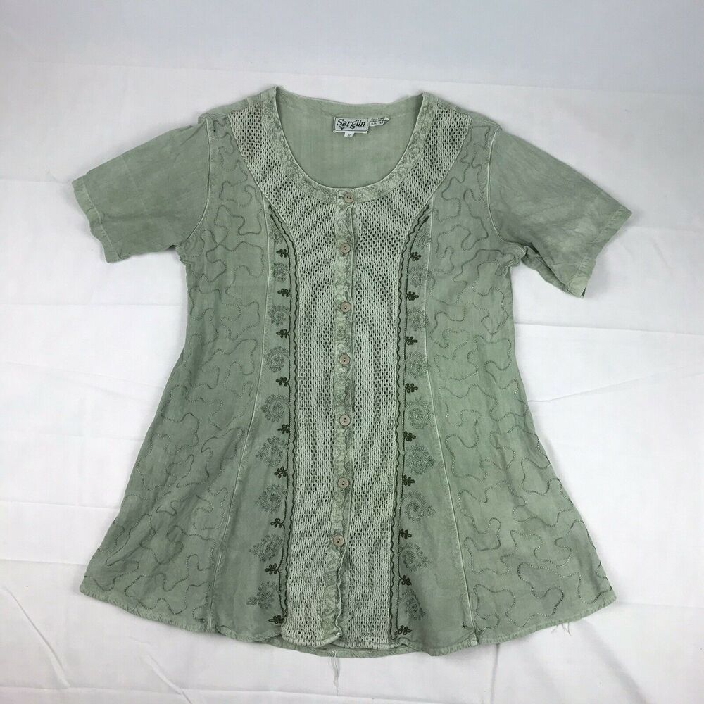 hippy boho green‎ button top size small
